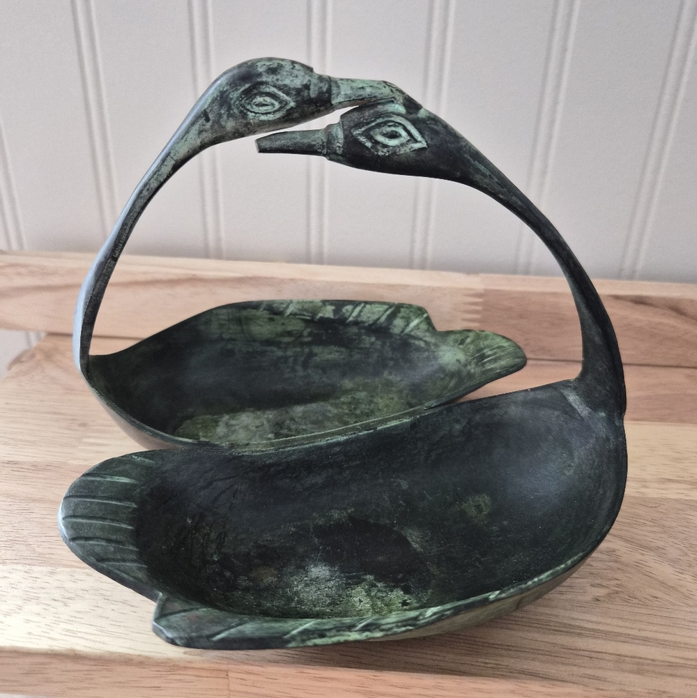 Vintage Verdigris Bronze Double Swan Dish – Mid Century Modern